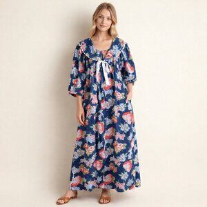 Vintage 80s KOMAR Blue Floral Maxi Nightgown Dress Cottagecore Scalloped Lace